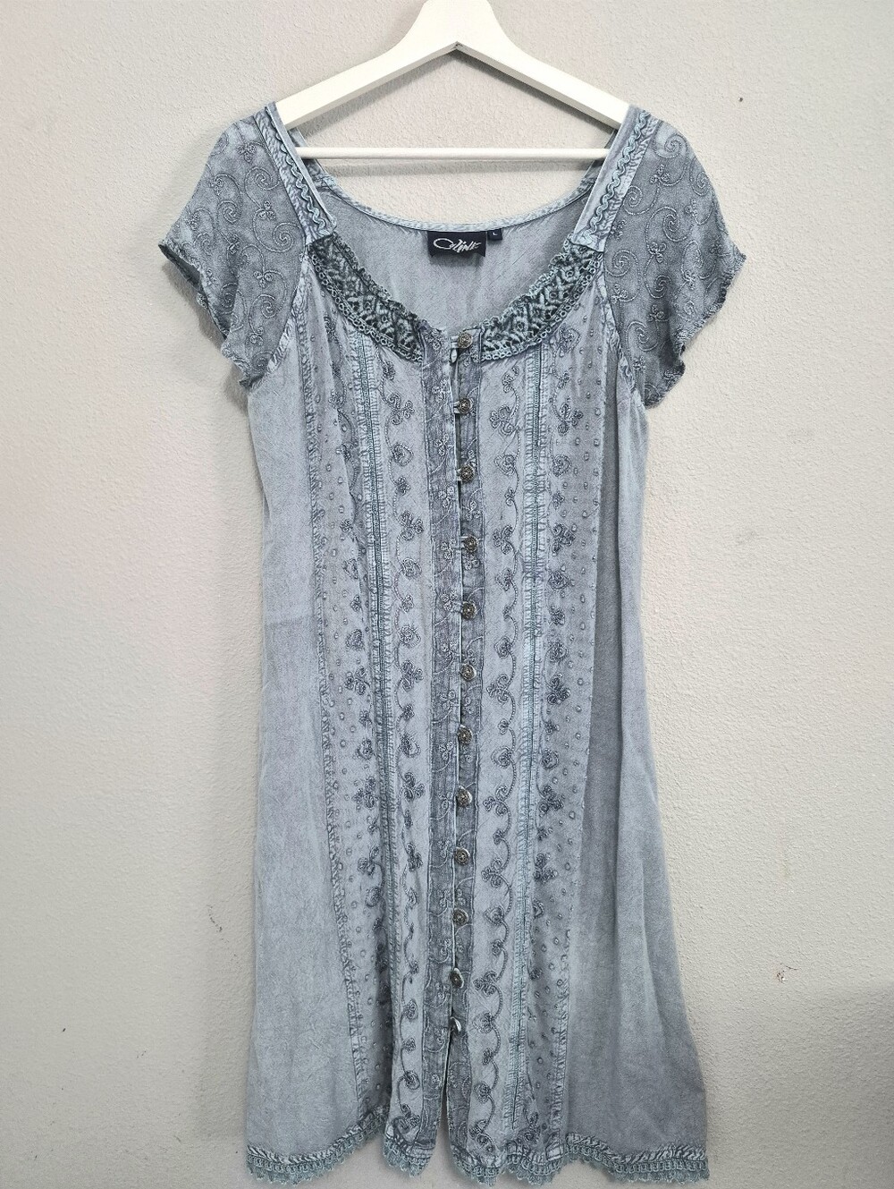 Coline Embroidered Crochet Tunic Mini Dress Blue Large Boho Fairycore
